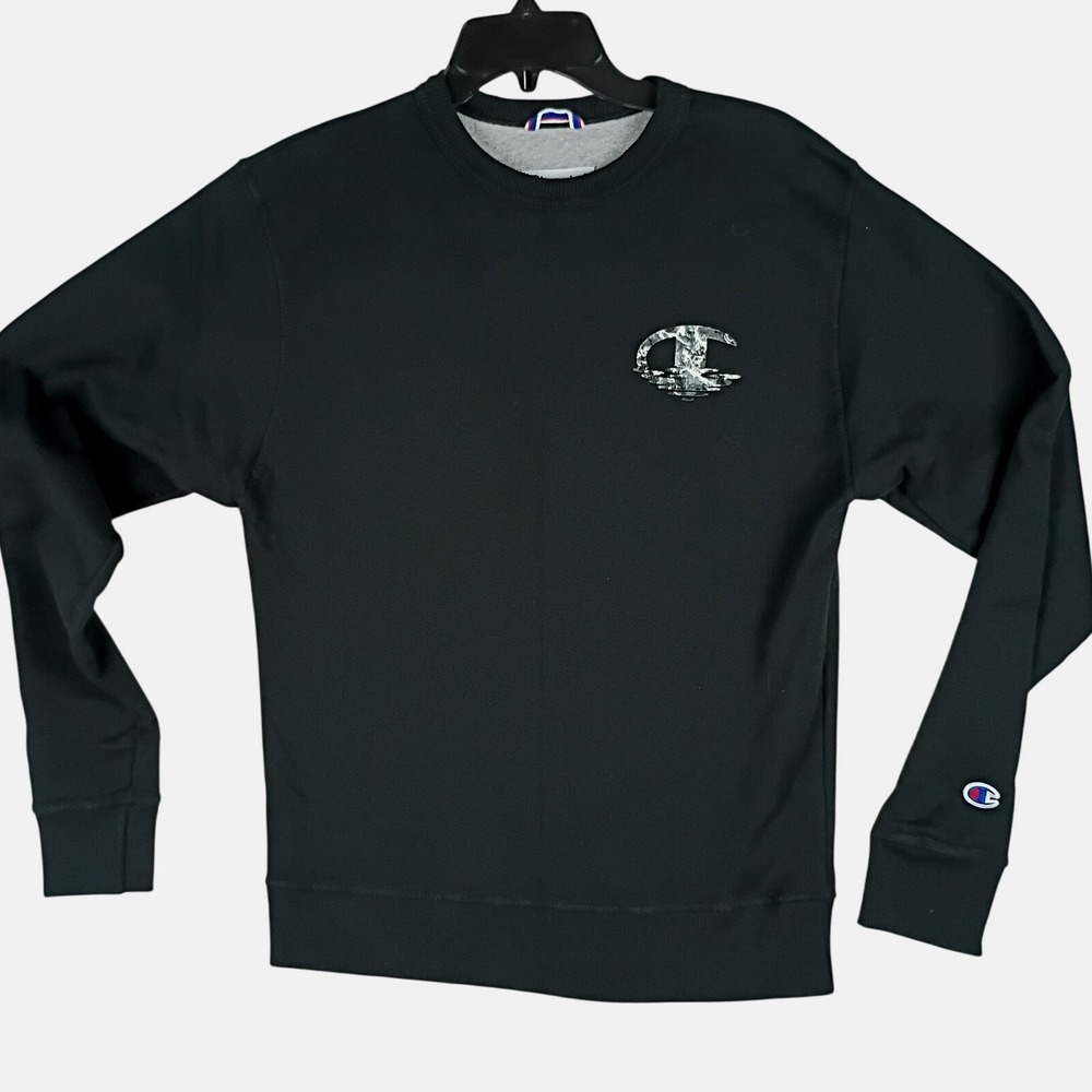 Champion Camo C Logo Crewneck Sweatshirt Mens Small Black Pullover Fleece